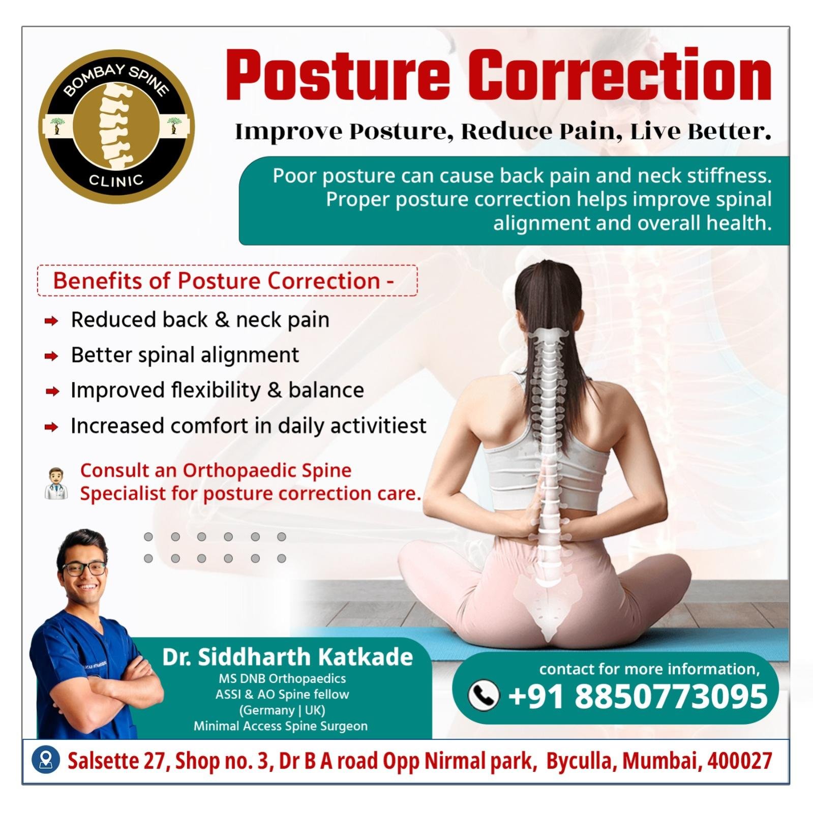Posture correction treatment in Mumbai by Dr. Siddharth Katkade showing spine alignment and benefits for back and neck pain relief ✅ Caption Improve posture, reduce pain, and live better with expert posture correction treatment at Bombay Spine Clinic